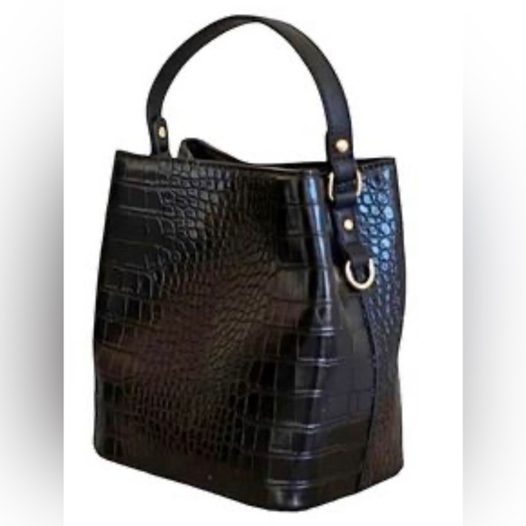 AOTA Elena Vegan Black Mock Croc Embossed Bucket Crossbody Bag Black - Picture 3 of 7